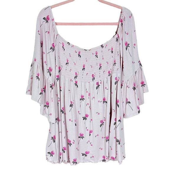 Free People Lana Off The Shoulder Boho Floral Top in Cloud Berry - Picture 6 of 8